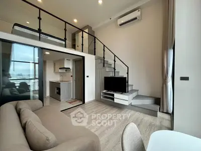 Modern loft apartment with open layout, stylish staircase, and city view, perfect for urban living.