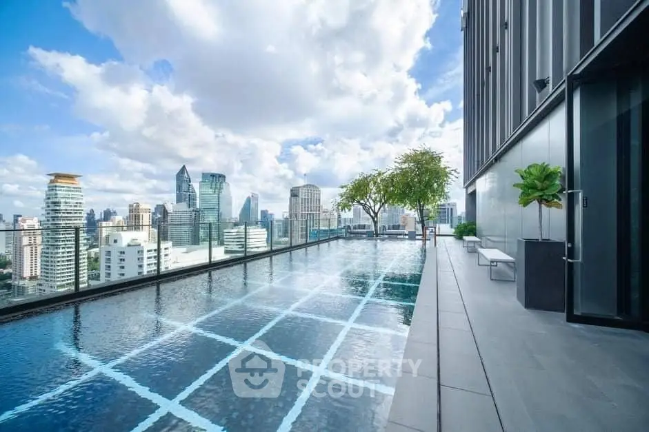 Luxurious rooftop pool with stunning city skyline view, perfect for urban living.