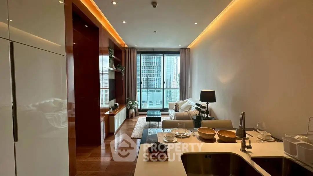 Modern living room with city view, sleek furniture, and ambient lighting.