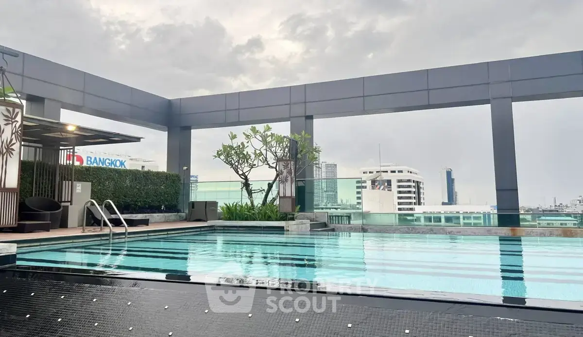 Luxurious rooftop pool with city skyline view, perfect for relaxation and leisure in urban living.