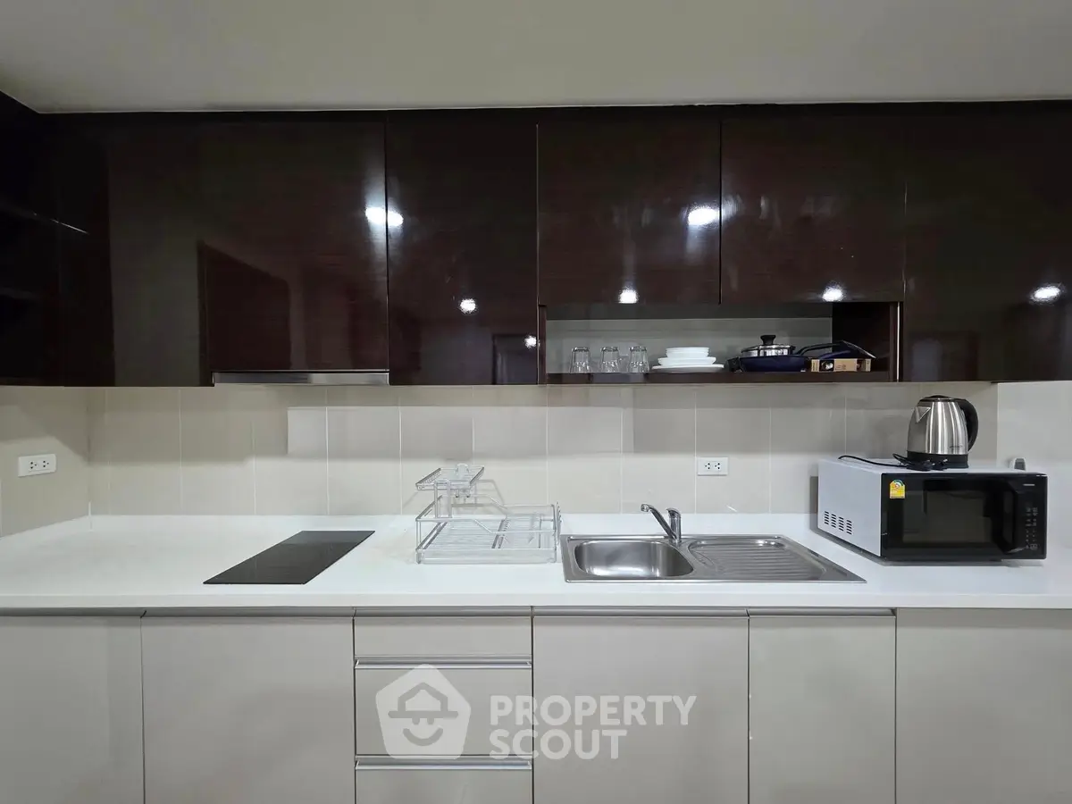 Modern kitchen with sleek cabinetry, induction cooktop, and stainless steel sink, perfect for culinary enthusiasts.