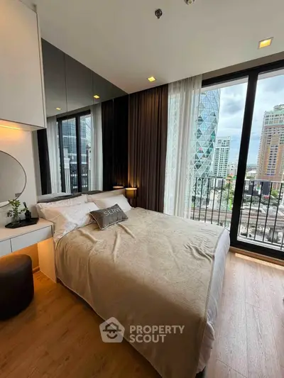 Luxurious bedroom with stunning city view and modern decor