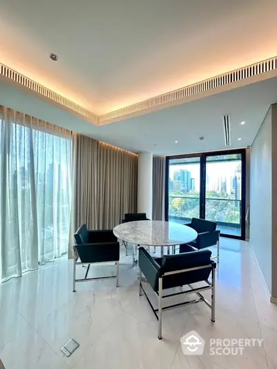 Modern dining area with city view and elegant furnishings