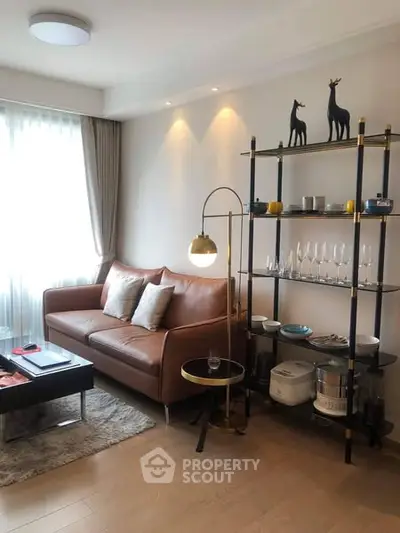 Stylish living room with leather sofa and modern shelving unit