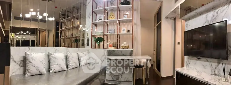 Luxurious modern living room with marble accents and stylish decor