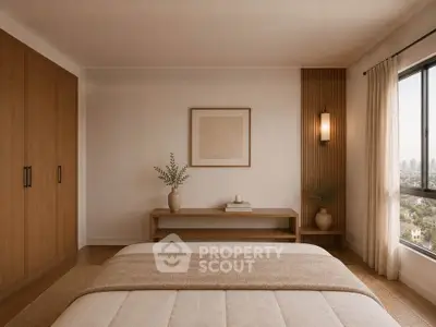 Elegant bedroom with large window offering stunning city views, featuring minimalist decor and warm wooden accents.