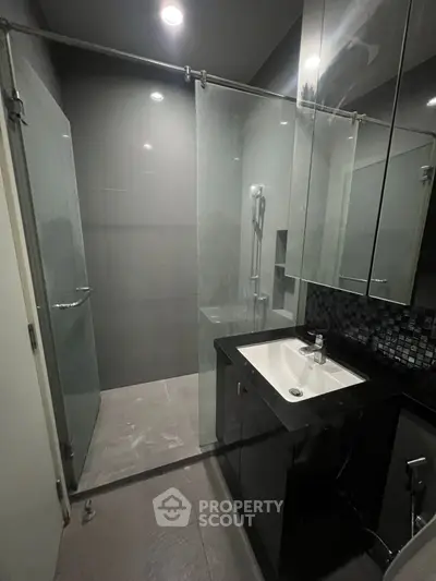 Modern bathroom with sleek glass shower and stylish sink area