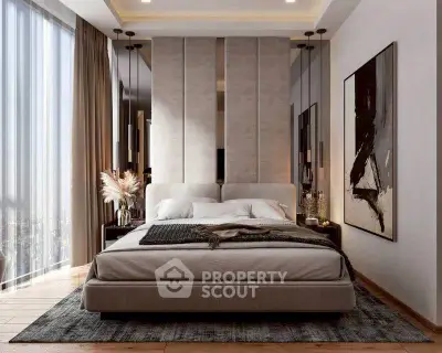 Luxurious modern bedroom with floor-to-ceiling windows and elegant decor.