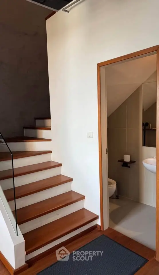 Modern interior with wooden staircase and compact bathroom under stairs