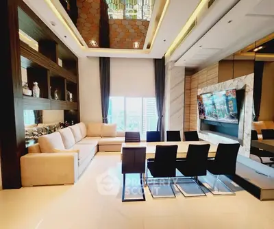 Luxurious modern living room with elegant dining area and large windows offering city views.