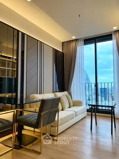 Luxurious modern living room with elegant decor and stunning city view from balcony.