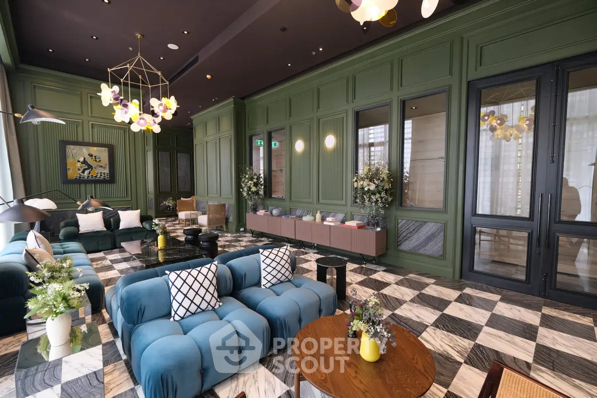 Luxurious modern living room with elegant decor and plush seating in a stylish apartment.