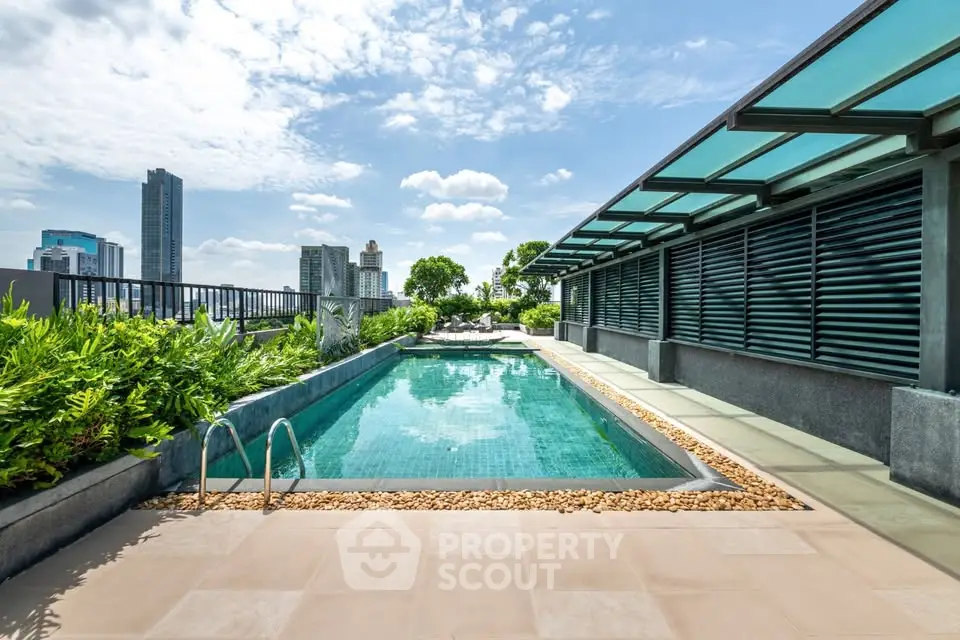 Luxurious rooftop pool with city skyline views and modern design.