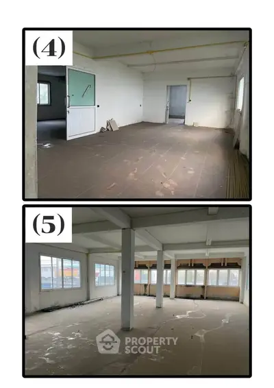 Spacious industrial-style interior with large windows and open layout, ideal for creative workspace.