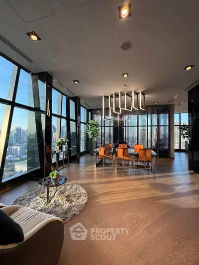 Luxurious high-rise living room with panoramic city views and modern decor