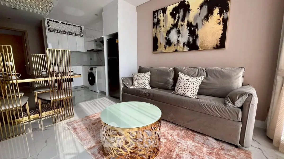 Luxurious living room with elegant decor and modern furniture in a stylish apartment.