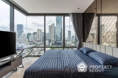 Luxurious bedroom with stunning city view and modern decor