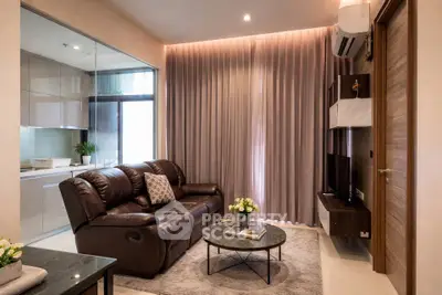 Modern living room with leather sofa and stylish decor