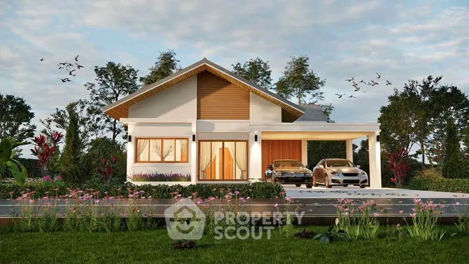 Charming modern house with lush garden and carport, perfect for serene living.