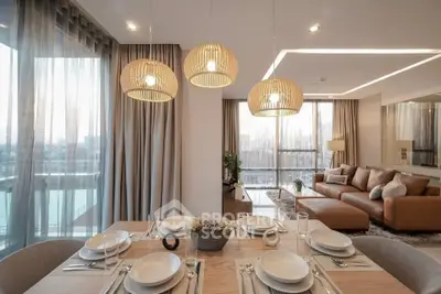 Luxurious modern living room with elegant dining area and stunning city view.