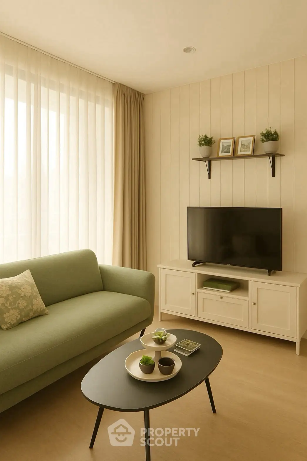 Cozy living room with green sofa, TV, and stylish decor