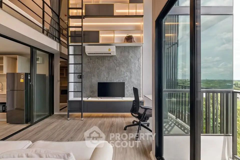 Modern loft apartment with floor-to-ceiling windows and stylish interior design