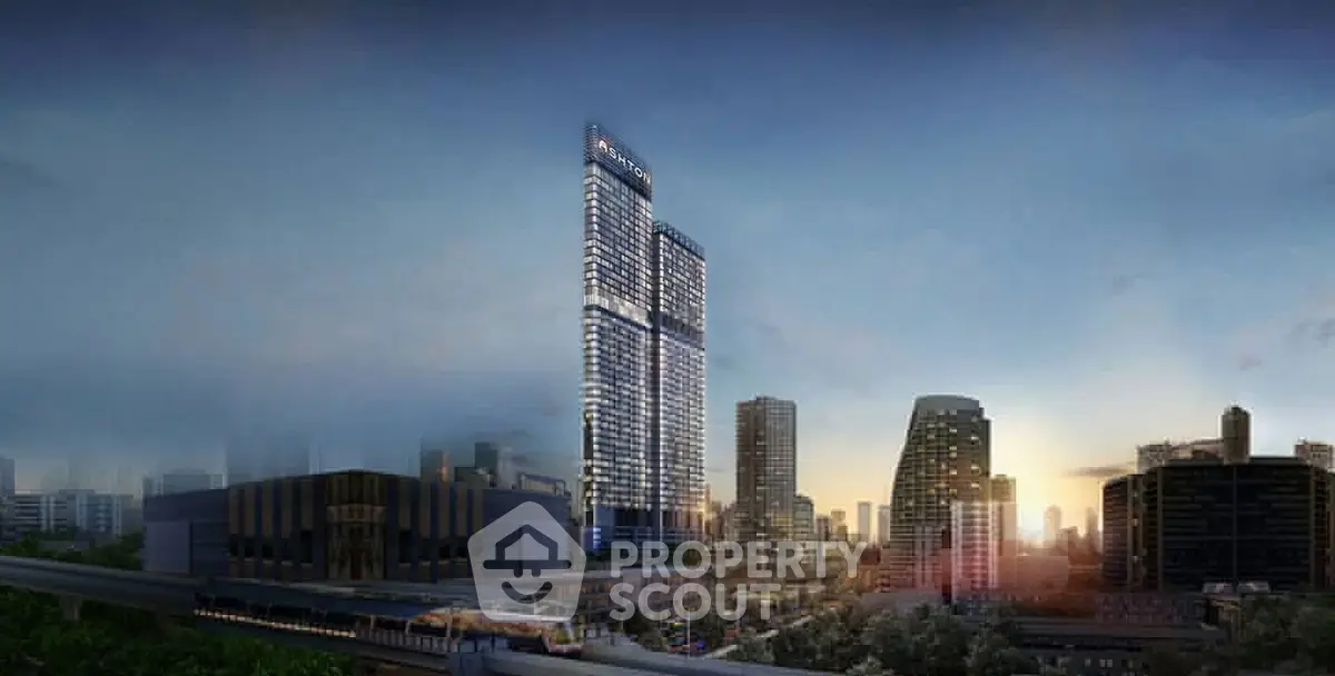 Stunning cityscape view featuring modern high-rise buildings at sunset.