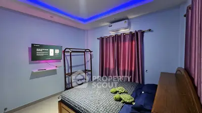 Cozy bedroom with modern lighting, wall-mounted TV, and air conditioning for ultimate comfort.