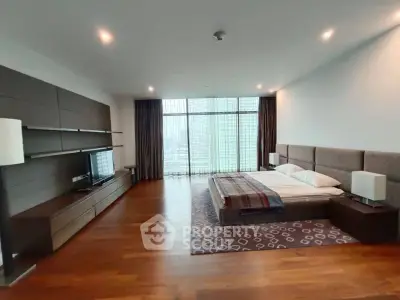 Spacious modern bedroom with large windows and city view, featuring elegant wooden flooring and contemporary furnishings.
