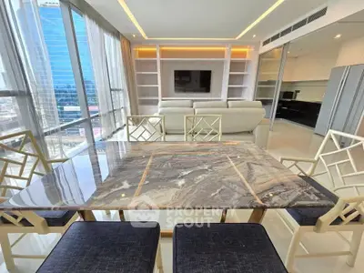 Luxurious modern living room with marble dining table and city view
