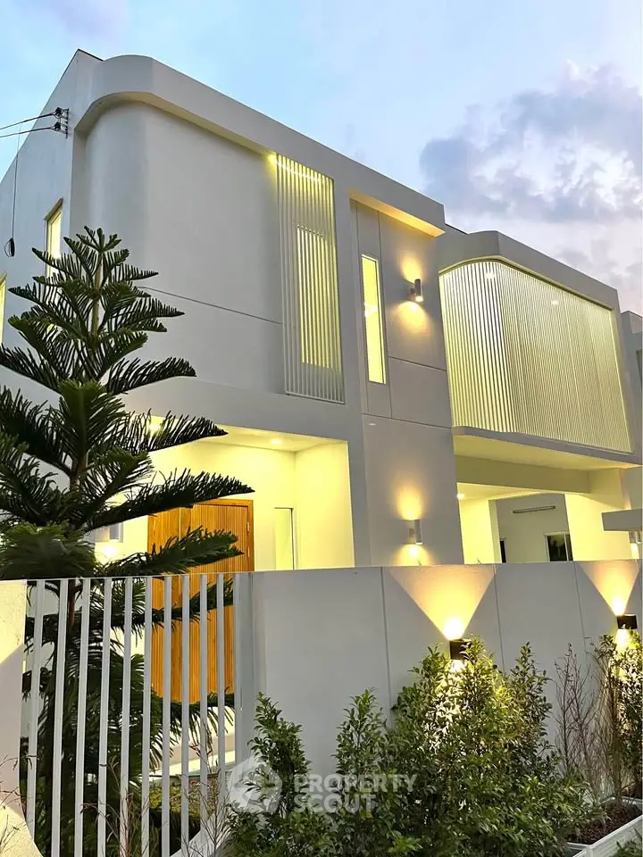 Modern architectural exterior with sleek design and ambient lighting, showcasing contemporary elegance and style.