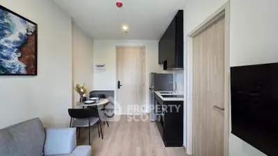 Modern living room with compact kitchen and stylish decor