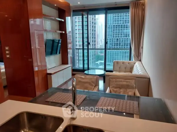Luxurious city apartment with modern living room and stunning skyline view.