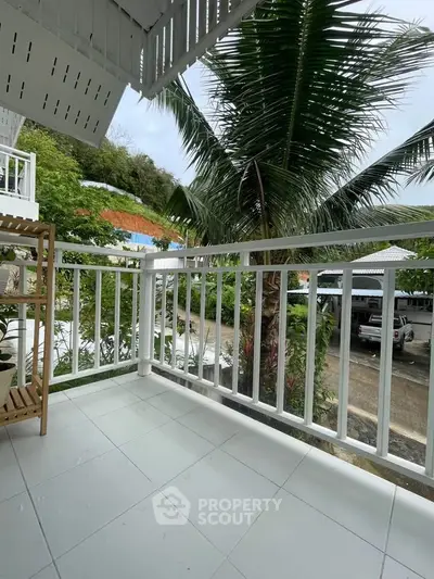 Charming balcony with lush greenery and palm tree view, perfect for relaxation and enjoying nature.