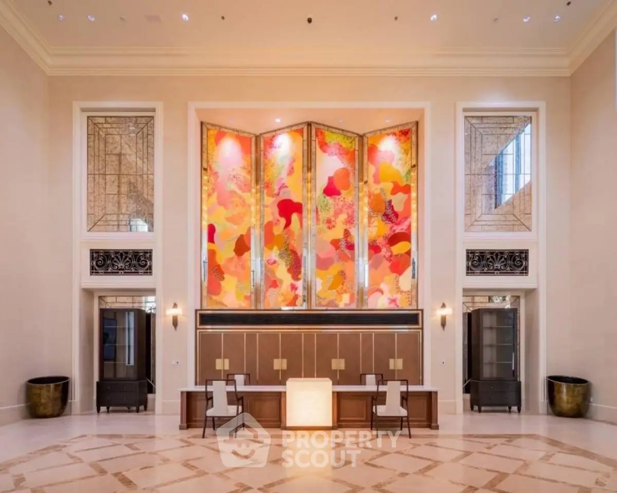 Luxurious building entrance with vibrant art and elegant design