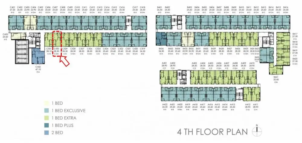 Detailed 4th-floor plan showcasing a variety of 1 and 2-bedroom apartment layouts, color-coded for easy identification and optimal space planning.