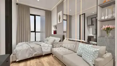 Modern bedroom with cozy sofa and elegant decor