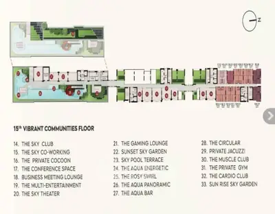Floor plan of vibrant community spaces with amenities like sky club, gaming lounge, and private jacuzzi.