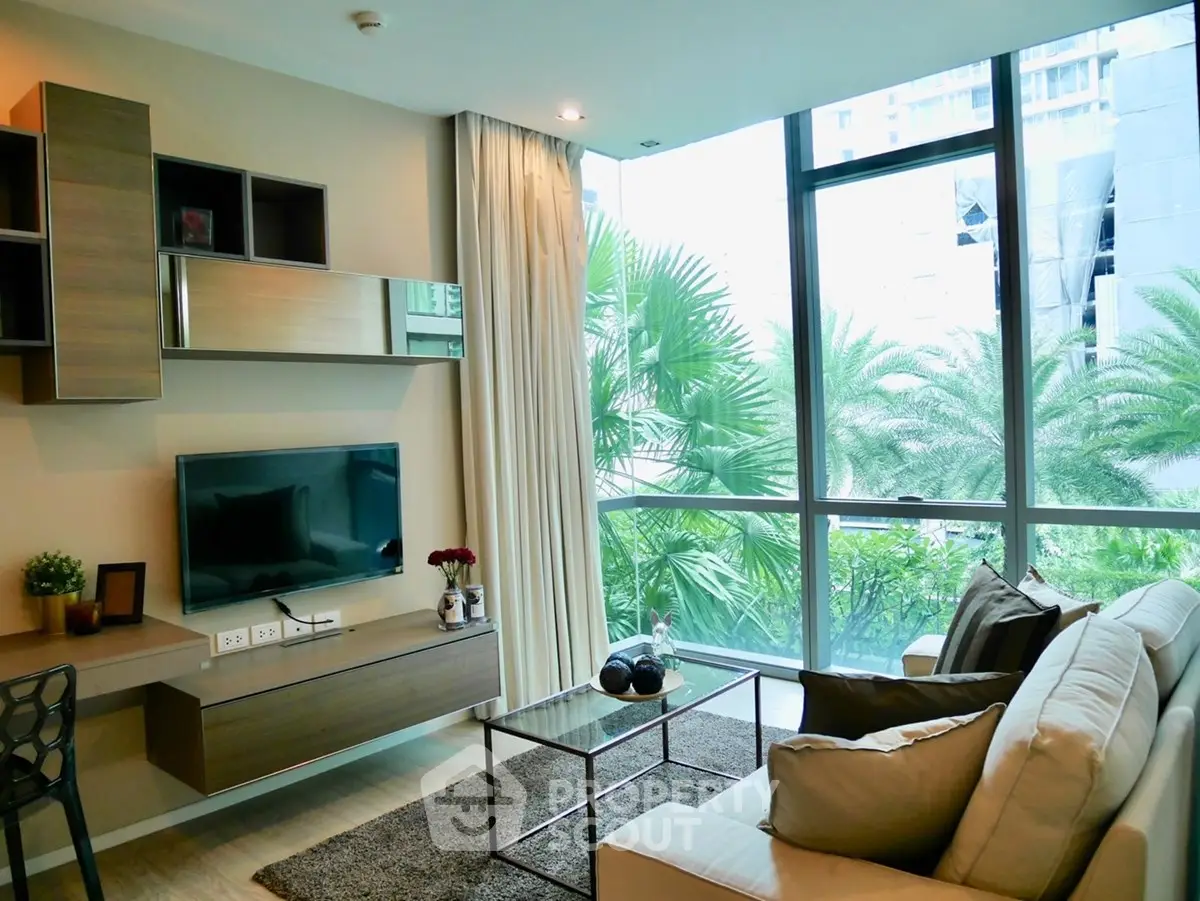 Modern living room with large windows and stylish decor in urban apartment