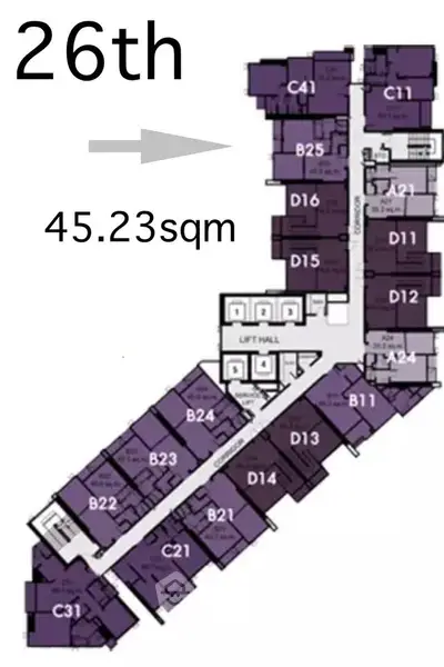 Floor plan of 26th floor with unit sizes and layout details for real estate buyers.