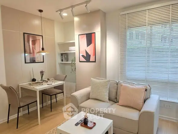Chic modern living room with cozy dining area and stylish decor