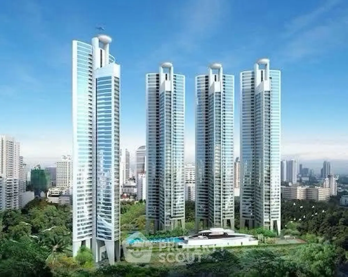 Stunning modern skyscrapers with sleek design in urban skyline, offering luxurious living and breathtaking views.