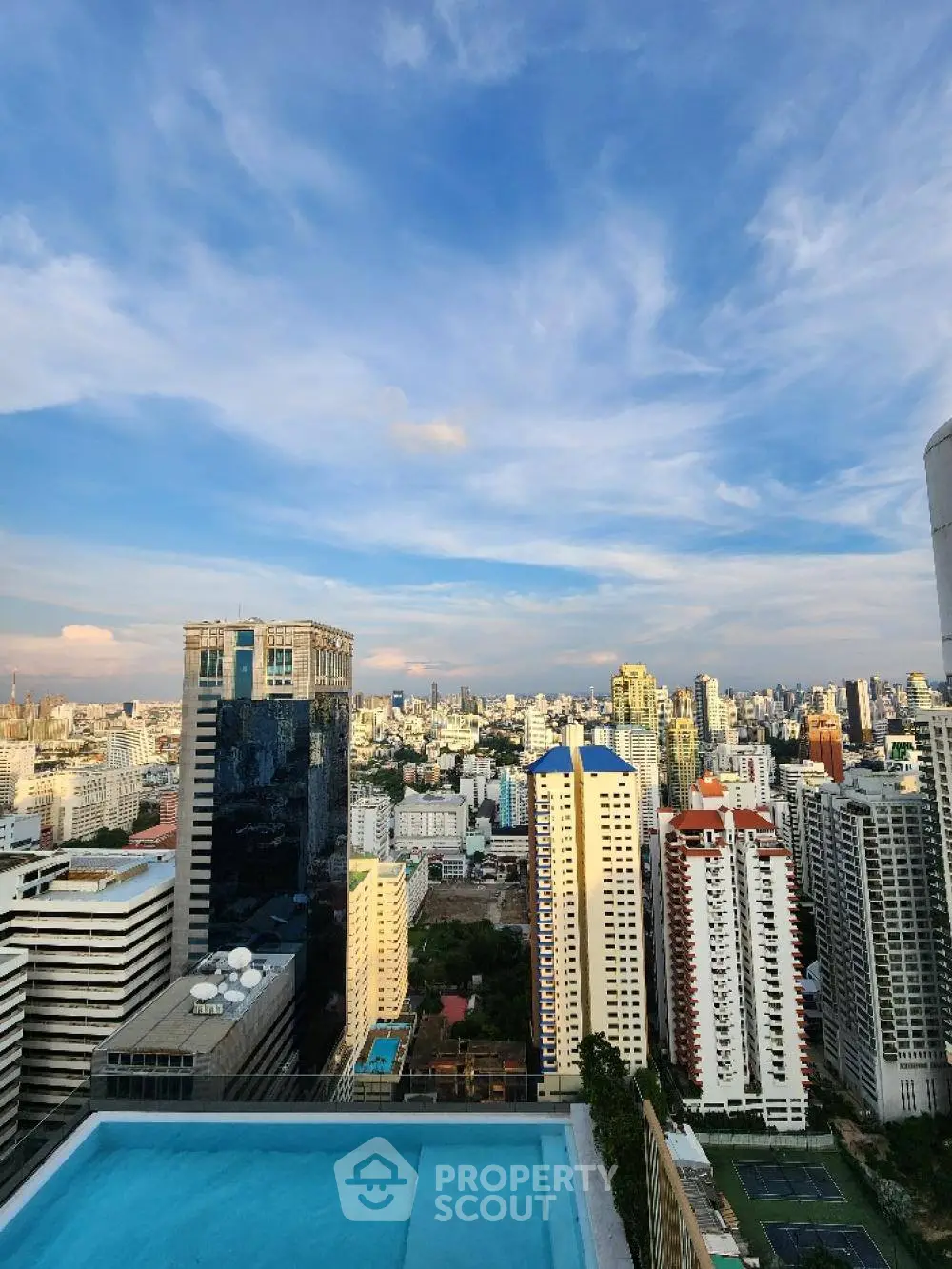 Stunning cityscape view from rooftop pool with skyline backdrop