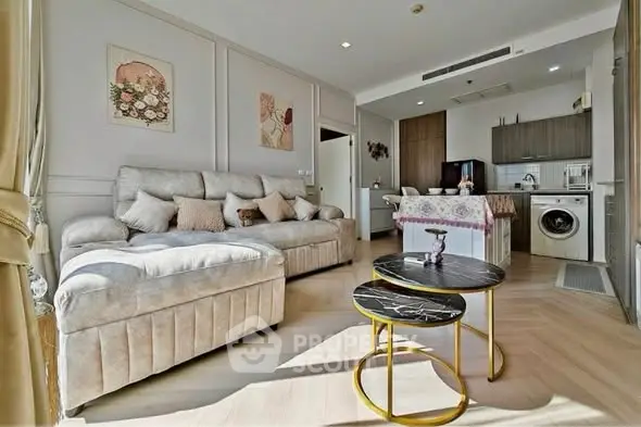 Luxurious living room with modern kitchen and washing machine, featuring elegant decor and natural light.
