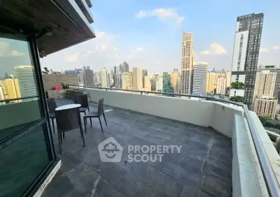 Stunning cityscape view from spacious balcony in high-rise apartment