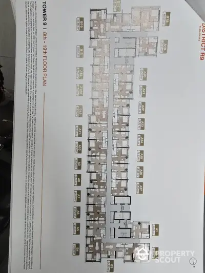 Detailed floor plan of Tower 9 showcasing apartment layouts on 8th to 19th floors.