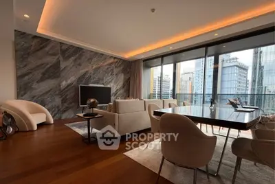 Luxurious modern living room with stunning city view and elegant furnishings