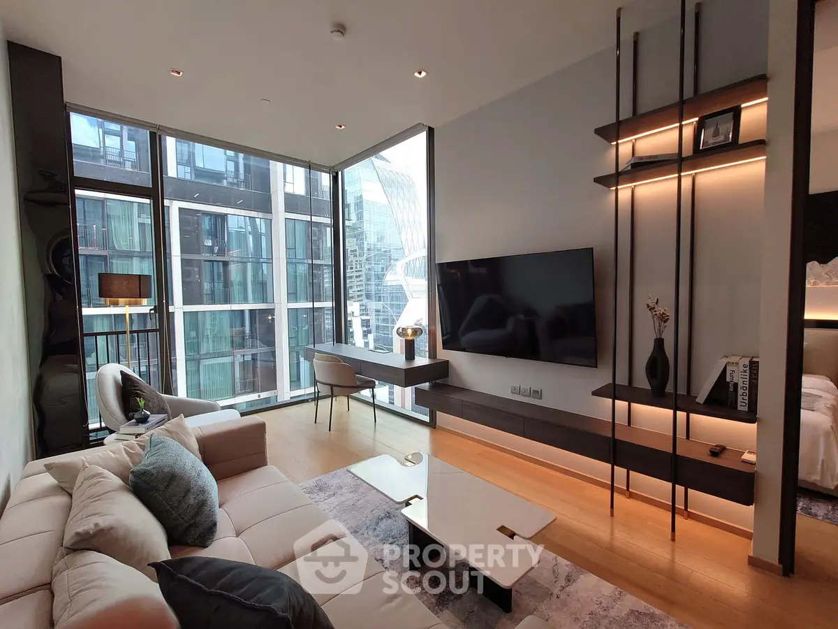 Luxurious modern living room with floor-to-ceiling windows and stylish decor