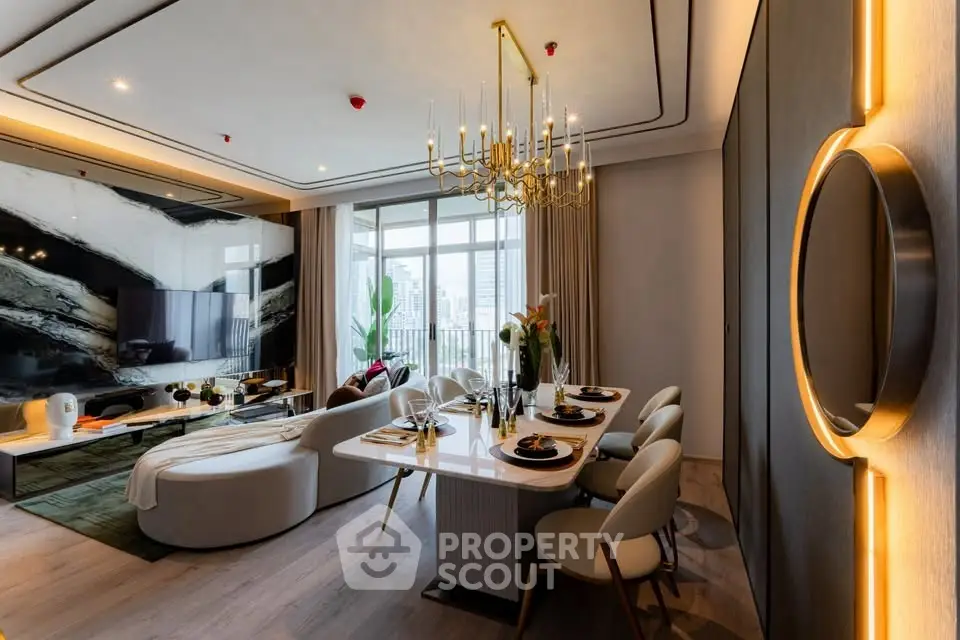 Luxurious modern living room with elegant dining area and stylish decor