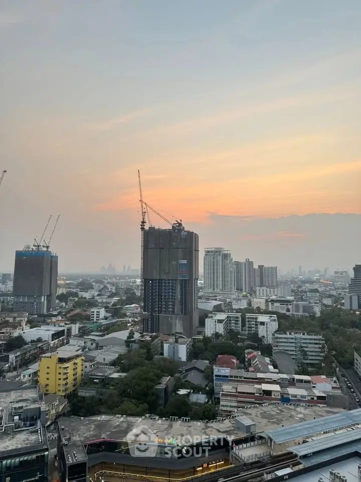 Stunning cityscape view with construction cranes at sunset, showcasing urban development and skyline.